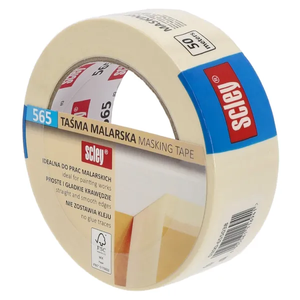 Hvit maskeringstape Scley 565 i 38 mm x 50 meter for presis avdekking ved maling og lakkering