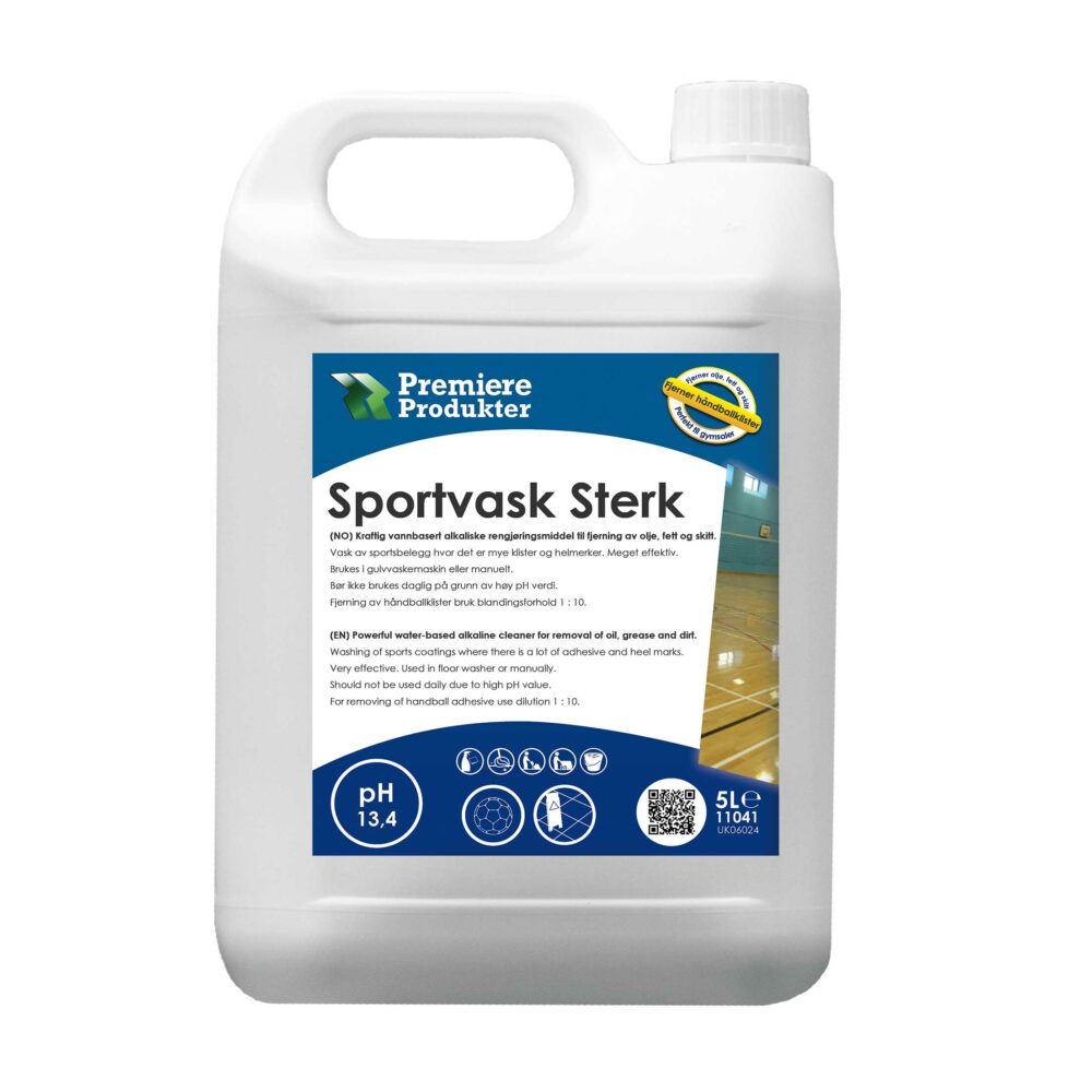 5 liters Sportsvask Sterk alkalisk rengjøring for sportsgulv som fjerner håndballklister, olje, fett og hælmerker.